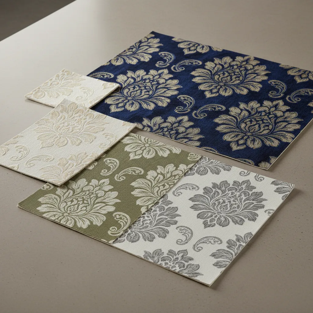 Different damask wallpaper material textures including vinyl and fabric backed samples