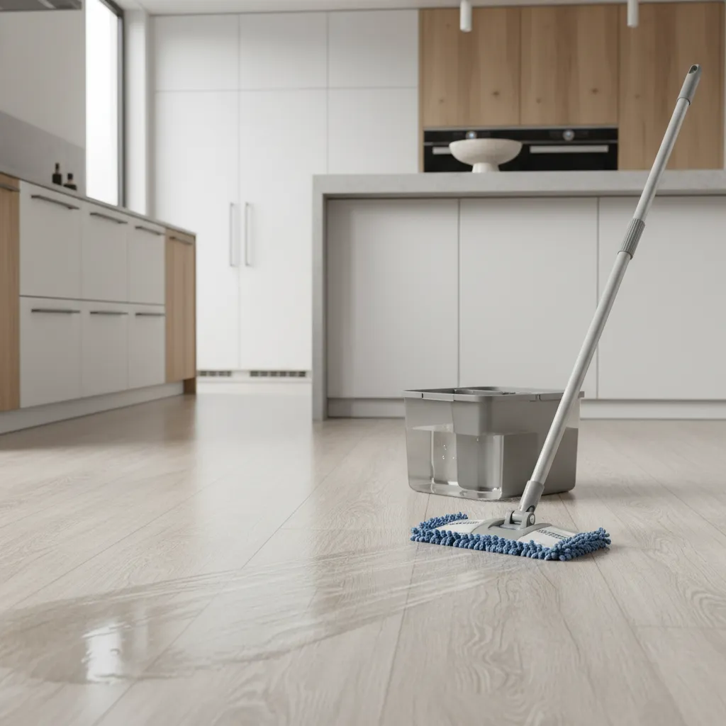 microfiber mop cleaning linoleum floor with damp method