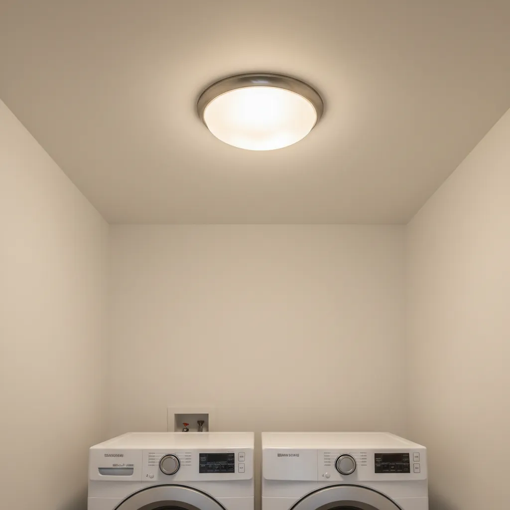 sealed damp rated ceiling light fixture in modern laundry room