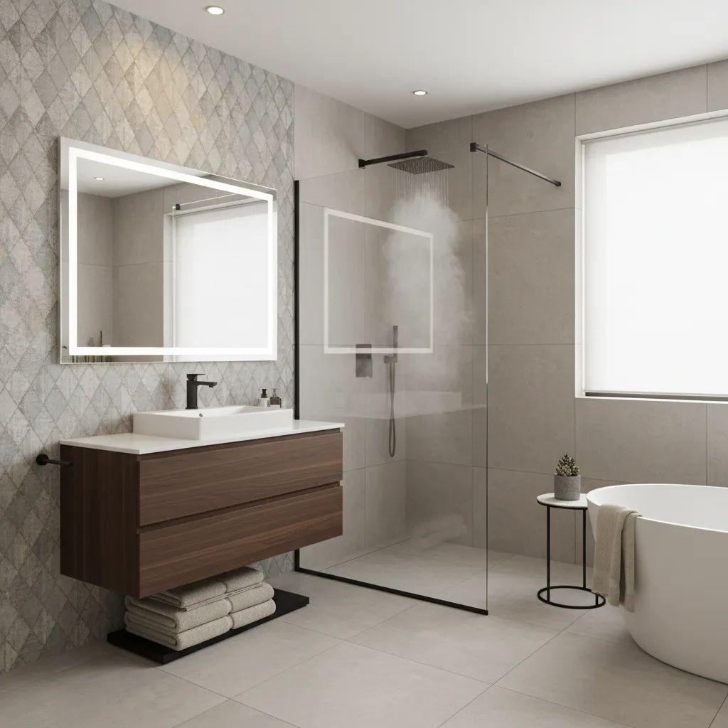 modern bathroom wall with moisture resistant wallpaper installed near shower area