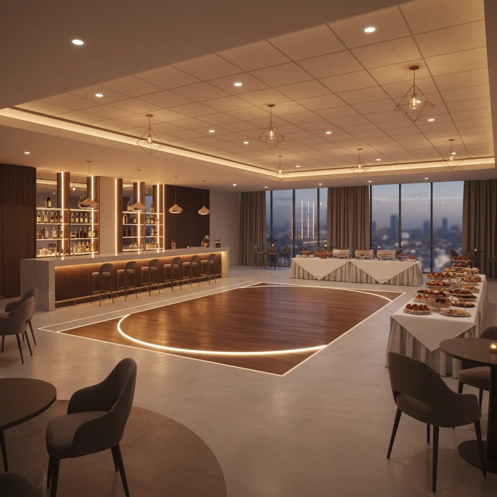 party room showing safe spacing between dance floor buffet and bar areas