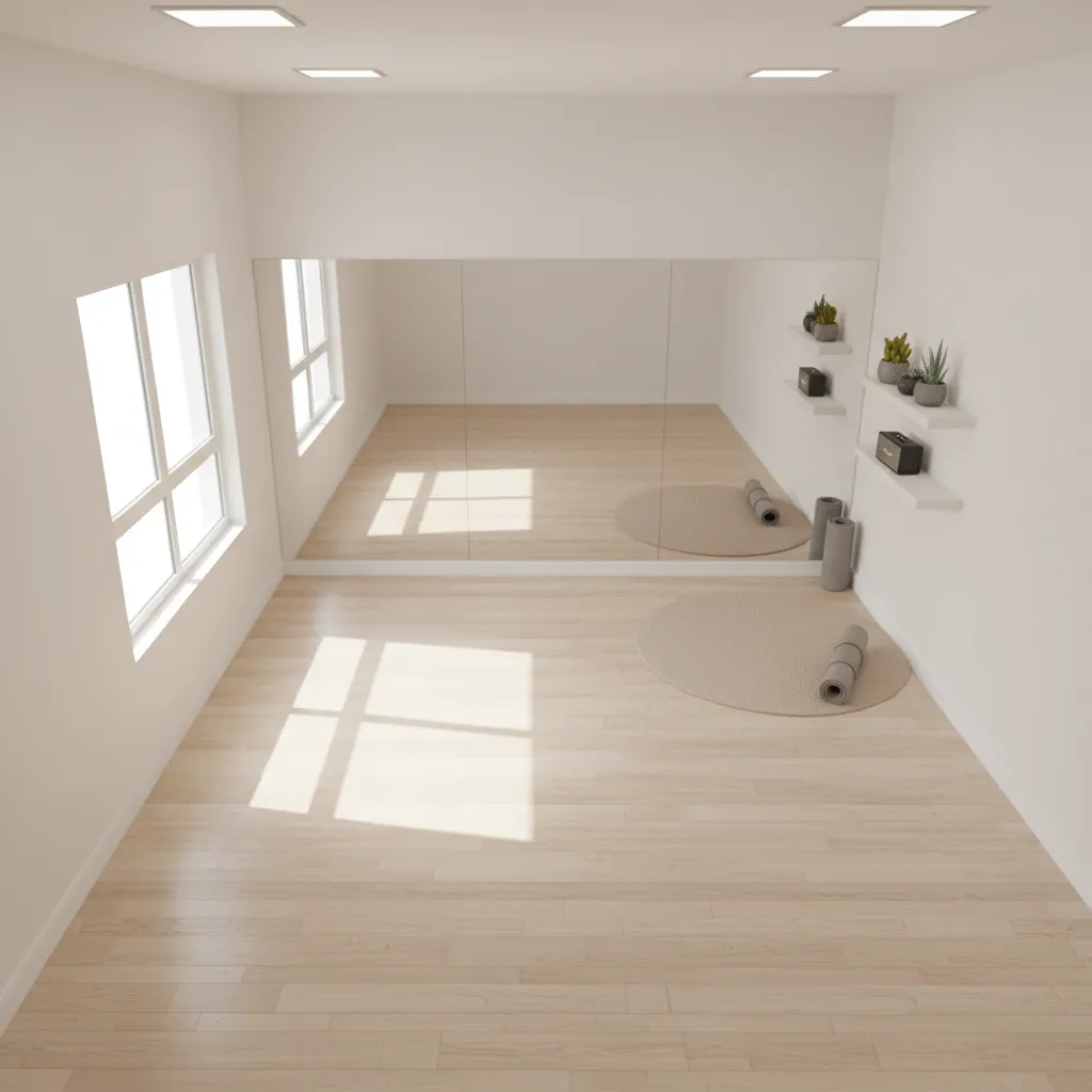 Small dance studio layout with open center floor and wall storage