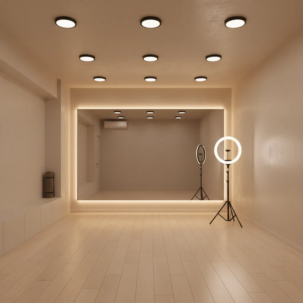 Small dance room with LED mirror lighting and soft studio lights