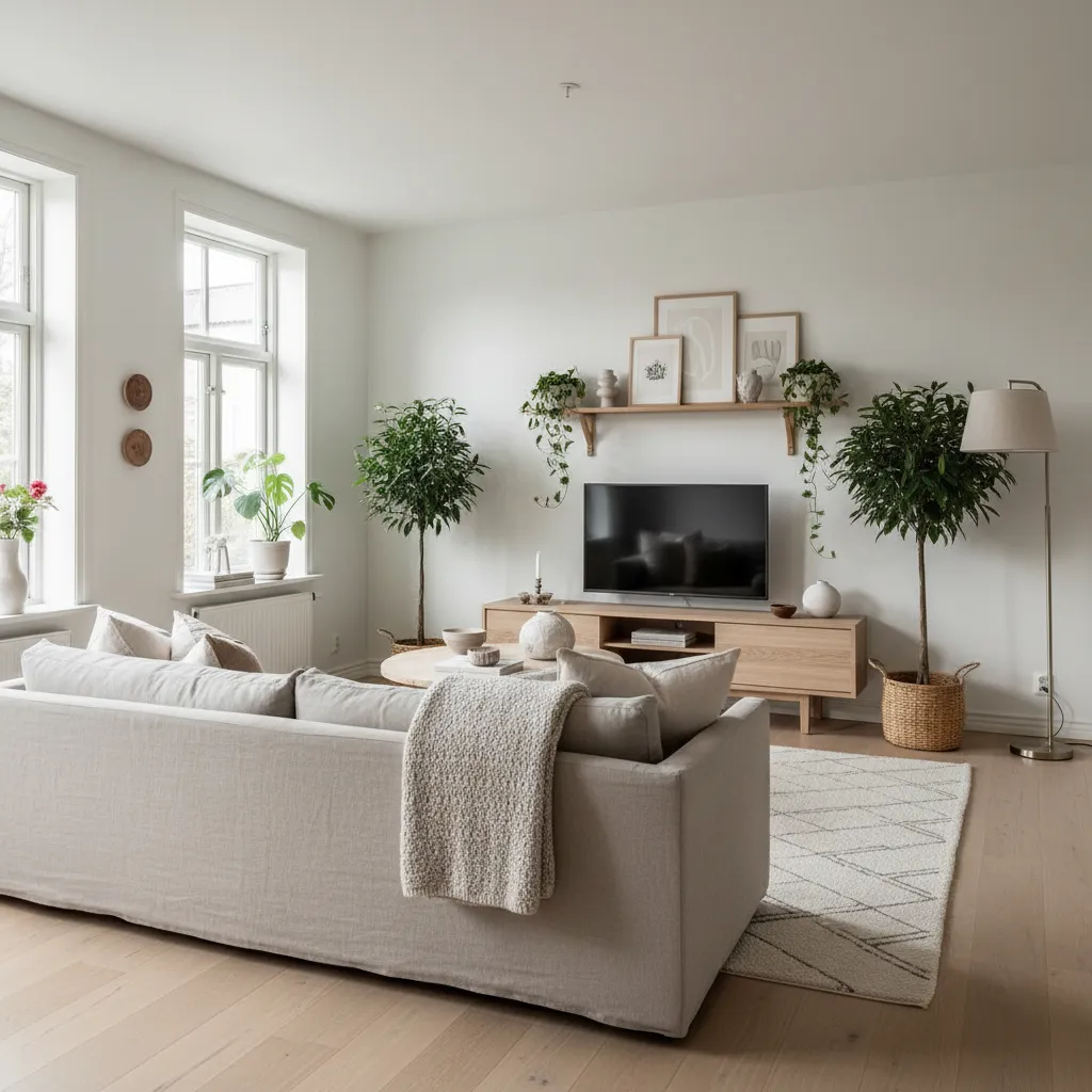 Bright living room with beige sofa, television on wooden cabinet, indoor plants, and floor lamp