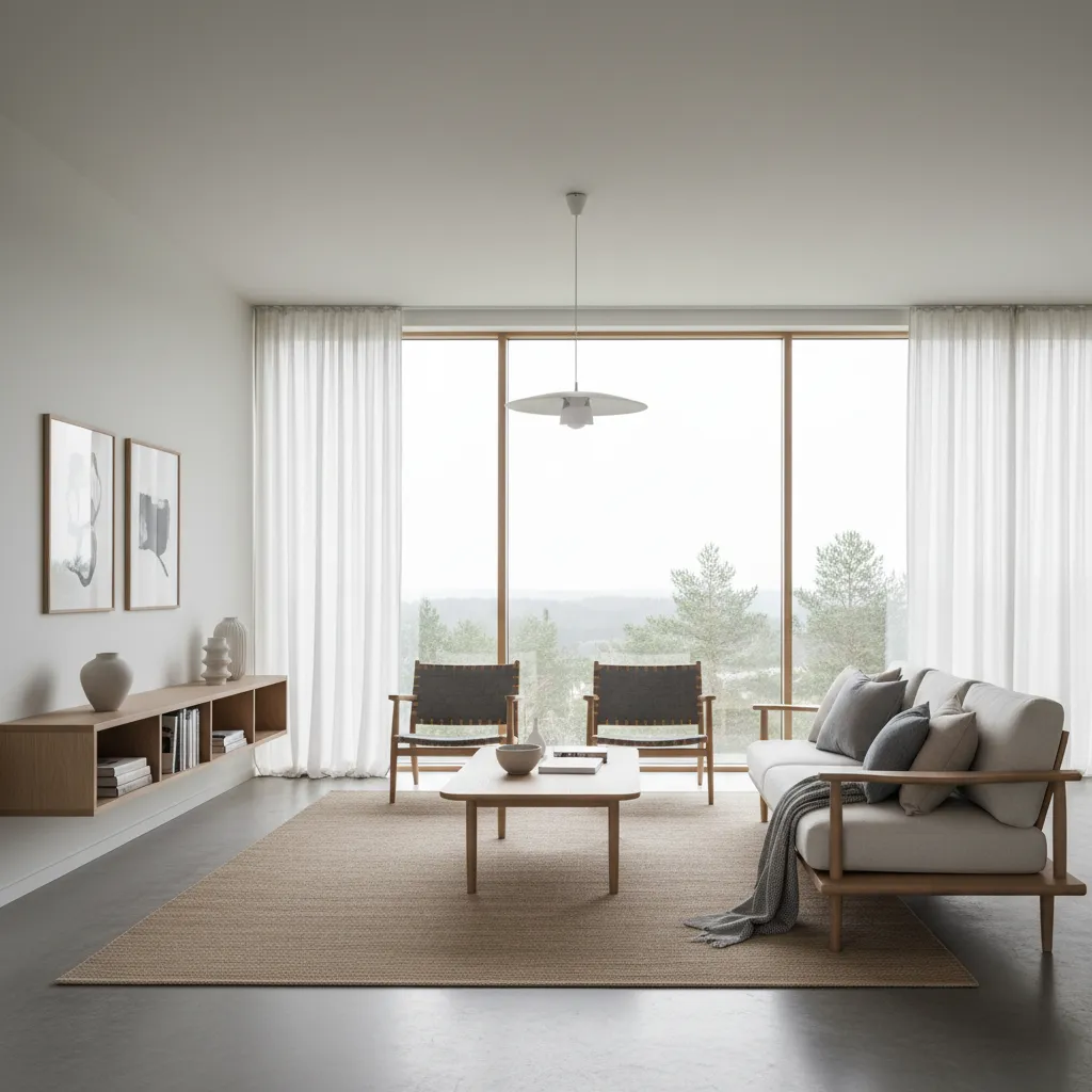 Minimalist living room with wood sofa, coffee table, two chairs, rug, curtains, and large windows
