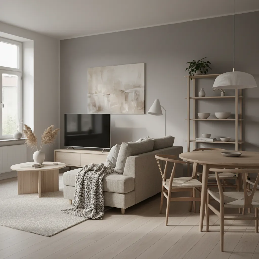 Neutral living room design with grey sofa wooden dining table tv stand bookshelf and walls