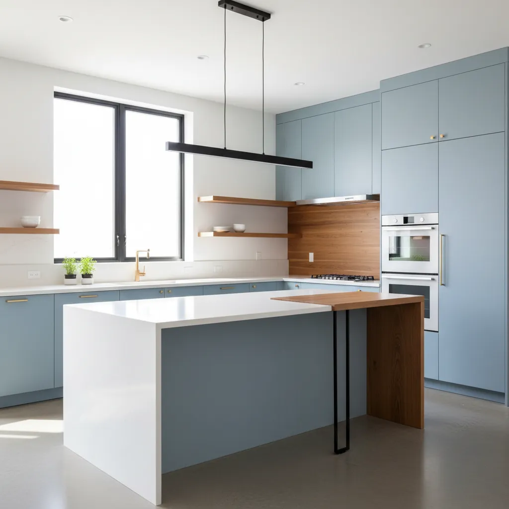 Dapur modern dengan kabinet aksen biru muda