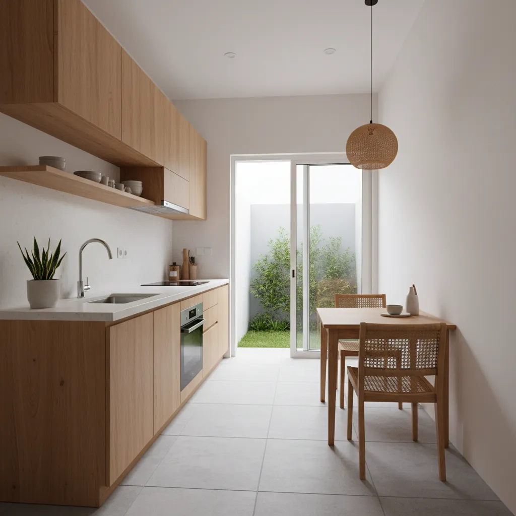 Modern kitchen with wooden cabinets white countertop dining table and sliding glass doors to garden