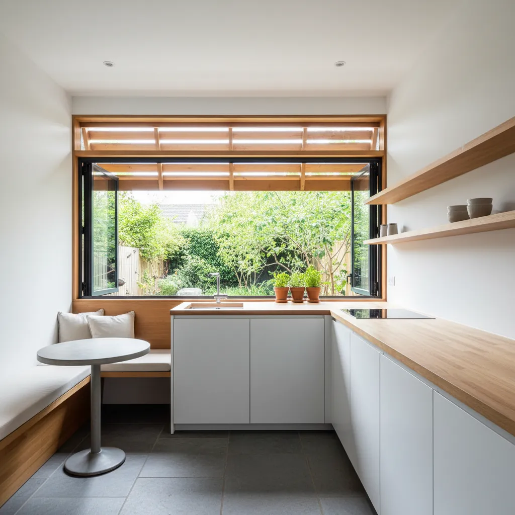 Dapur belakang rumah kecil dengan ventilasi alami