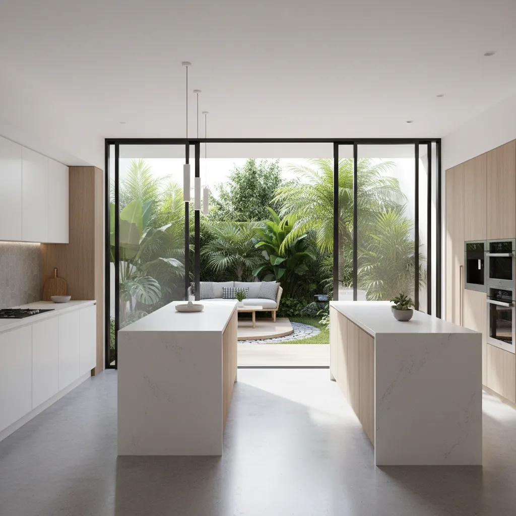 Dapur rumah dengan akses ke taman belakang