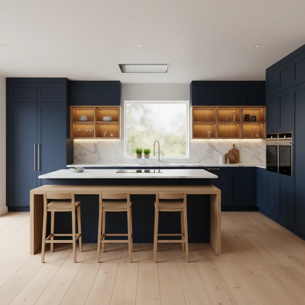 Dapur modern dengan kabinet biru navy