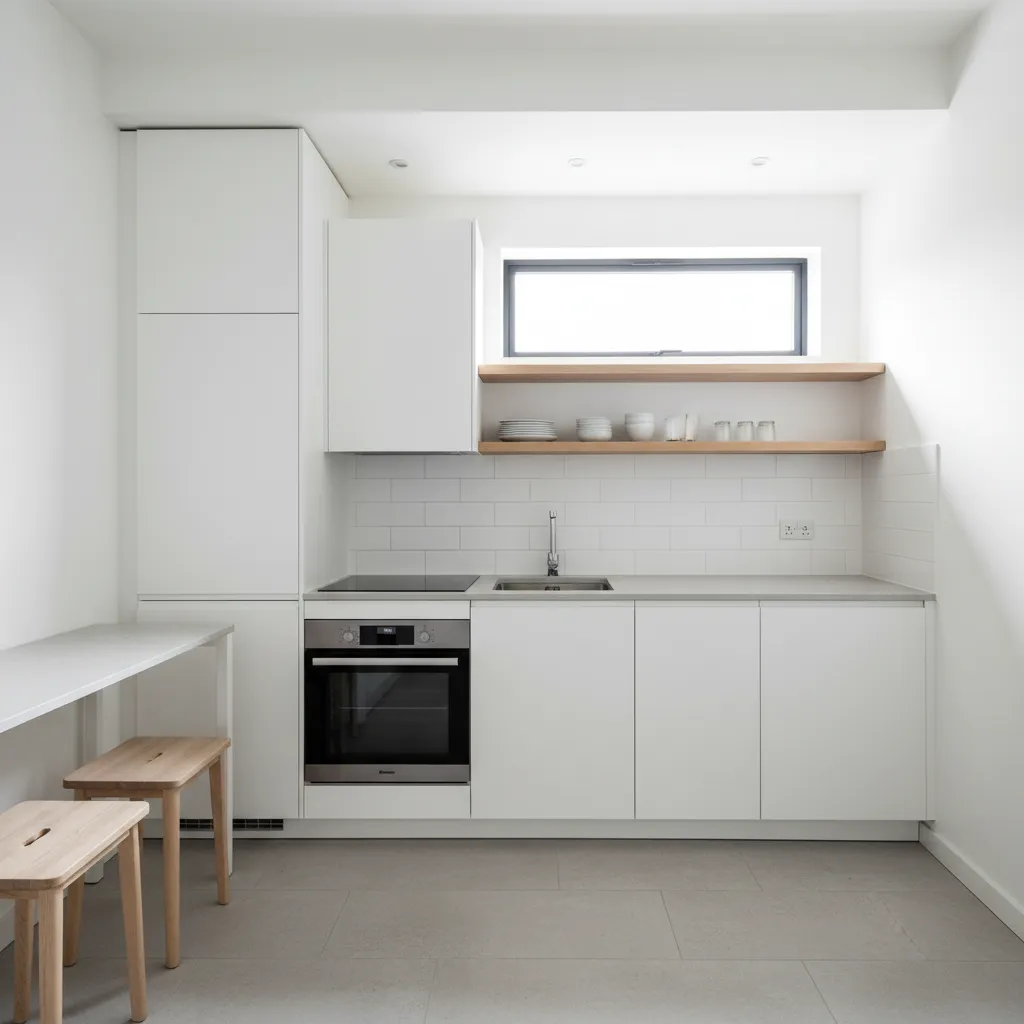 Dapur kecil di lantai dua ruko dengan layout linear