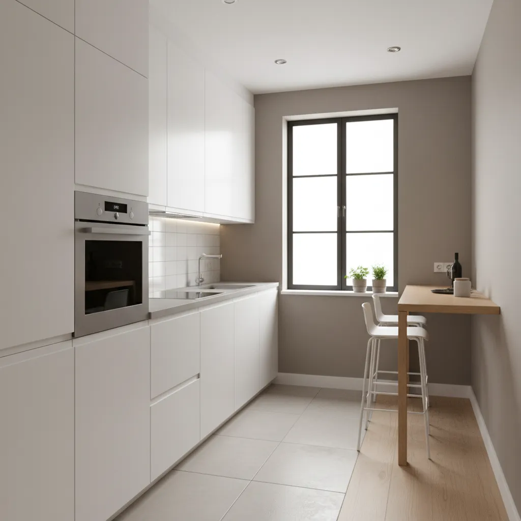 Modern narrow kitchen with white cabinets, built-in oven, wooden breakfast bar, two stools, and window
