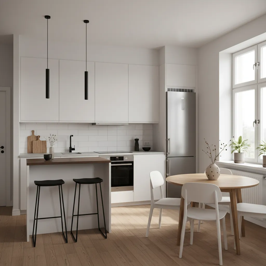 Modern white kitchen with wood floor round dining table white chairs and black breakfast stools
