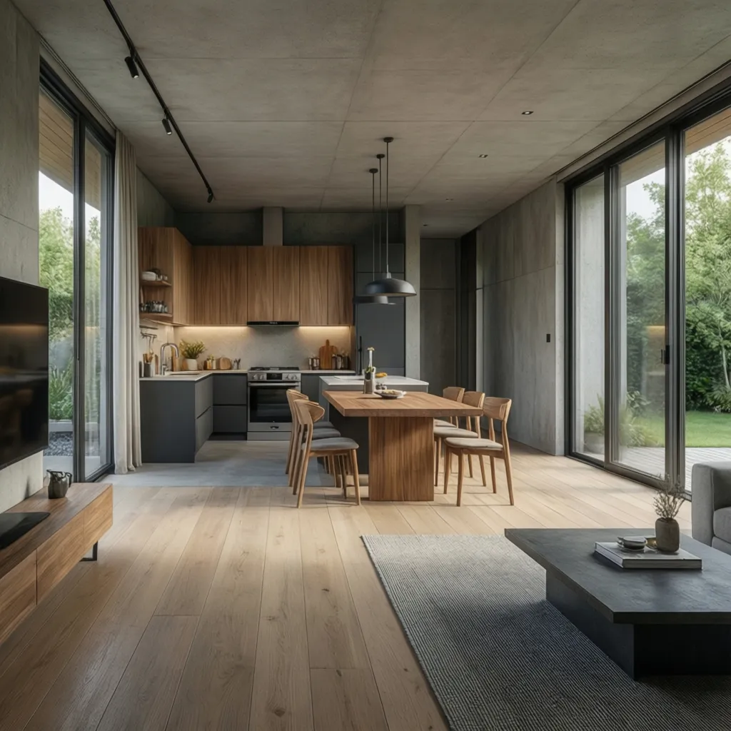 Modern open kitchen and living room with wood floors, concrete ceiling, large windows, and plants