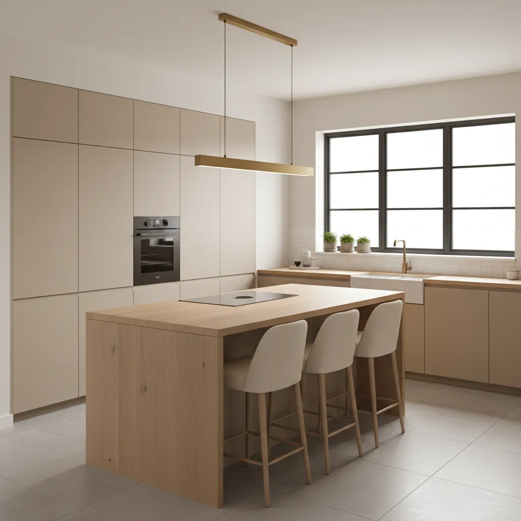 Modern kitchen with wooden island three chairs beige cabinets linear light fixture and black window