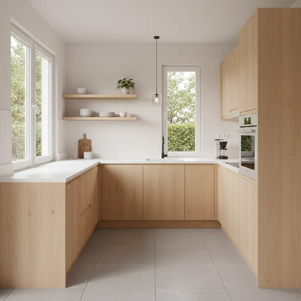 Modern kitchen featuring light wood cabinets white countertops and large windows for bright natural light