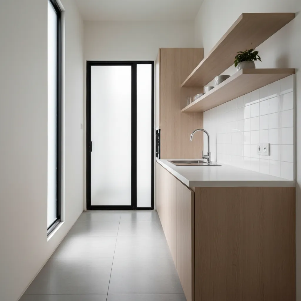 Minimalist kitchen featuring light wood cabinets, white countertop, open wall shelves, sink, faucet, and door