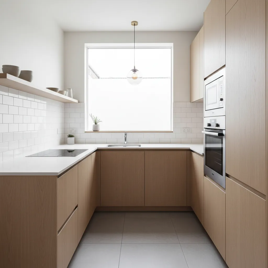 Modern kitchen with wood cabinets white countertops white tile walls large window and light fixture