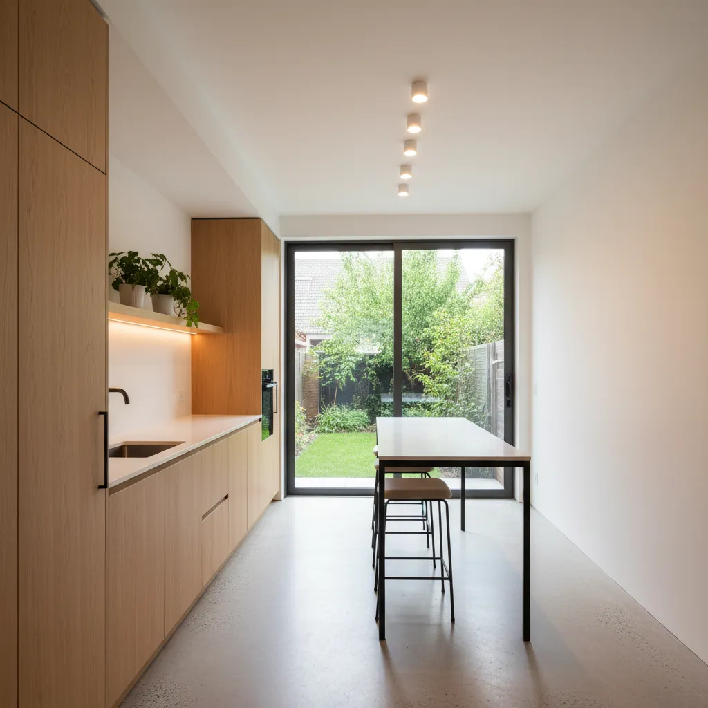 Desain dapur modern untuk rumah memanjang