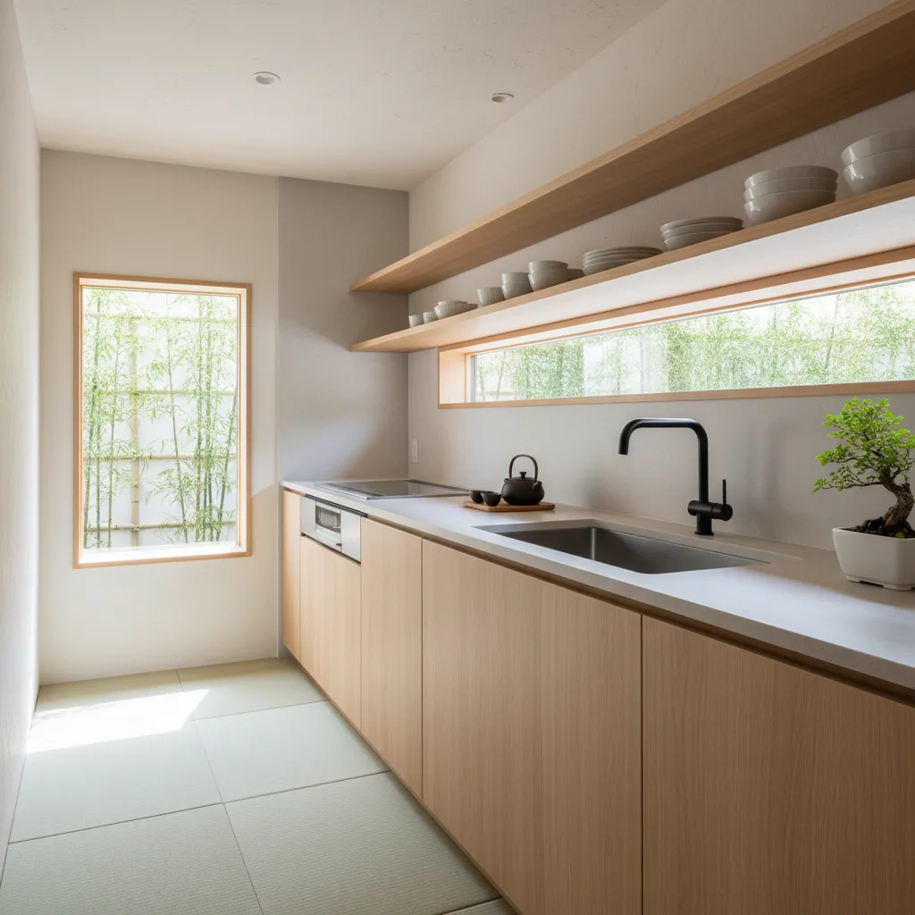 Dapur minimalis gaya Jepang dengan layout sederhana