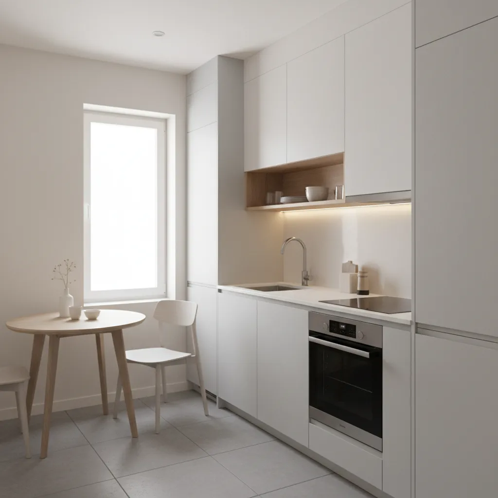 Modern white kitchen featuring wooden dining table chairs sink oven and window in bright room