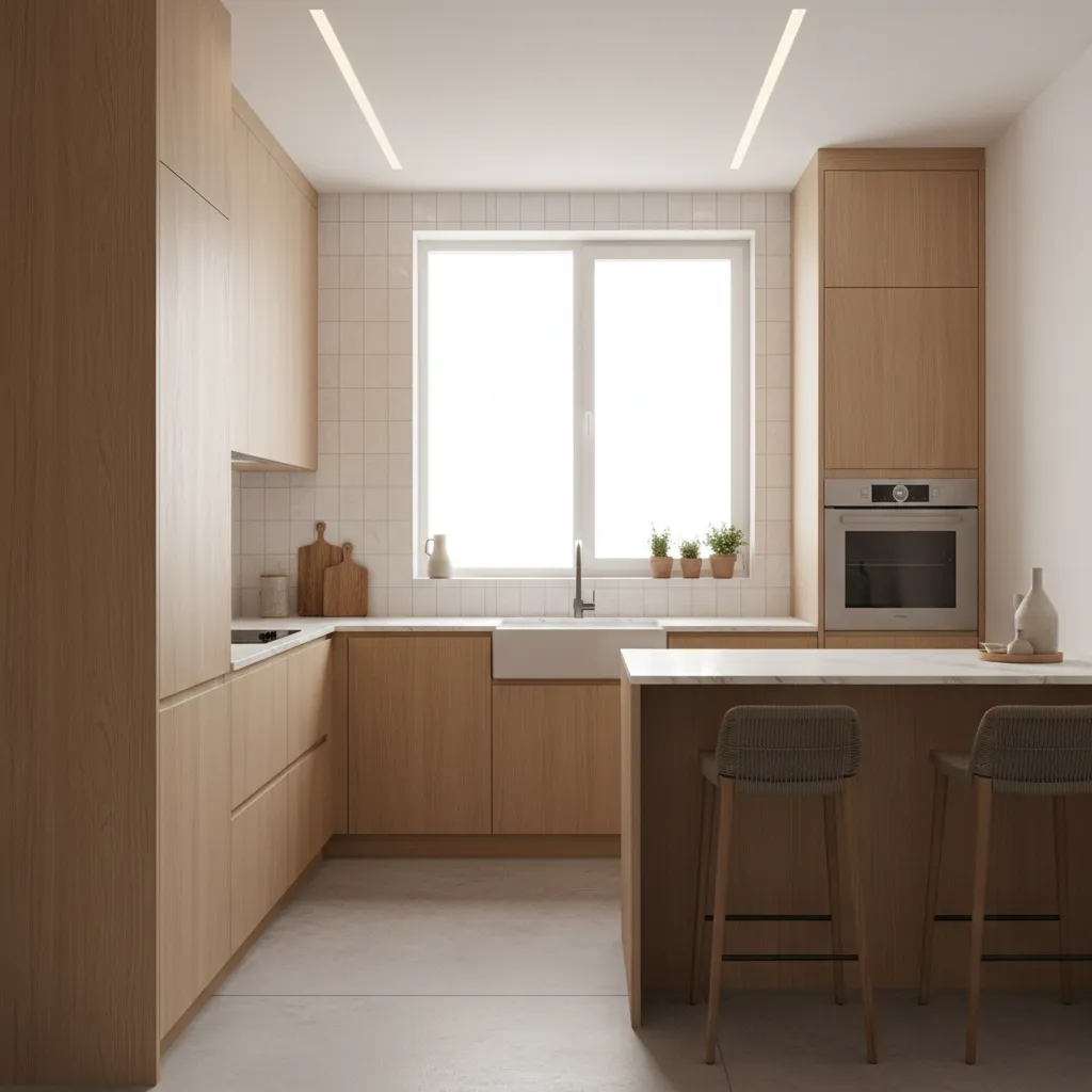 Bright modern kitchen with light wood cabinets kitchen island two bar stools and a large window