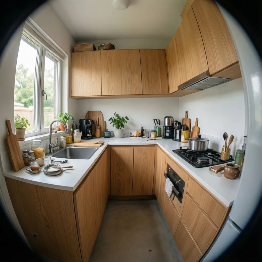 Small modern kitchen with light wood cabinets white countertops sink gas stove and bright window