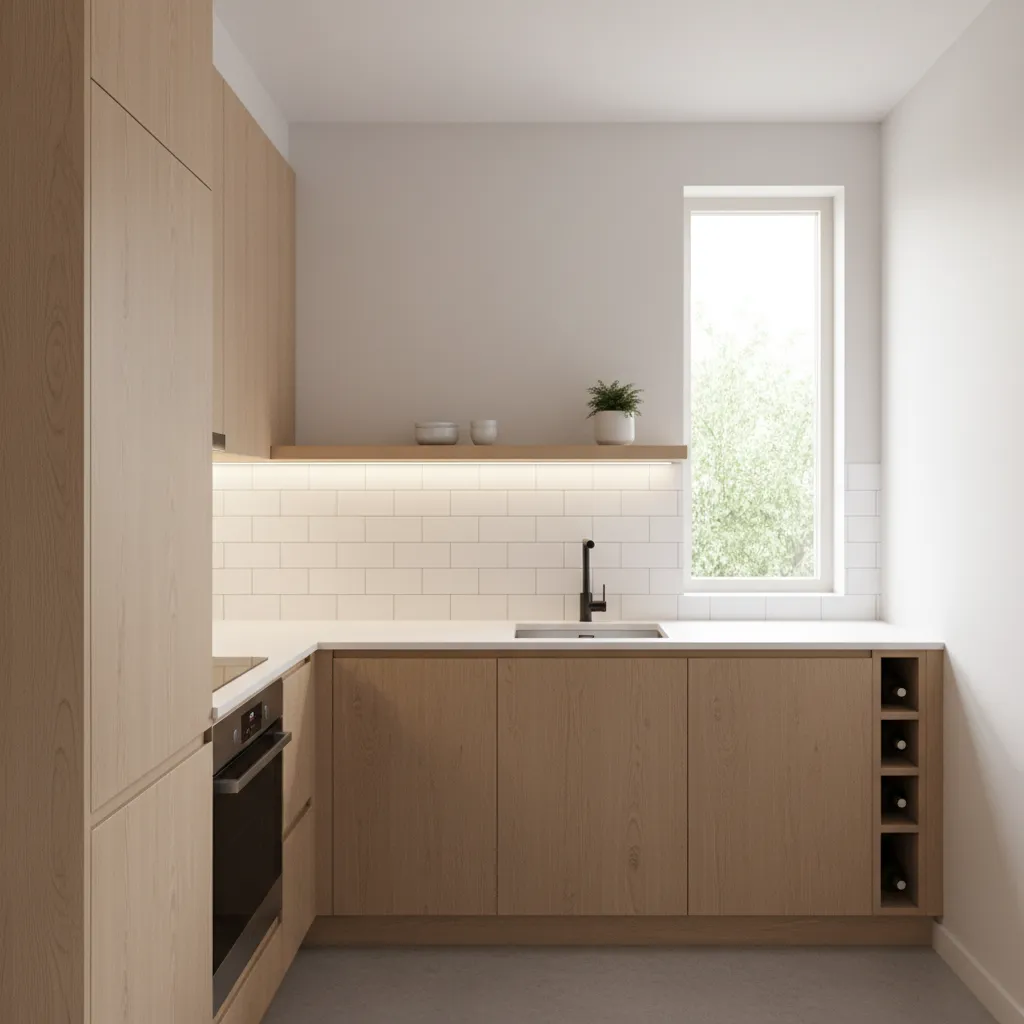 Modern kitchen with light wood cabinets, white wall tiles, black sink, shelf, and bright window