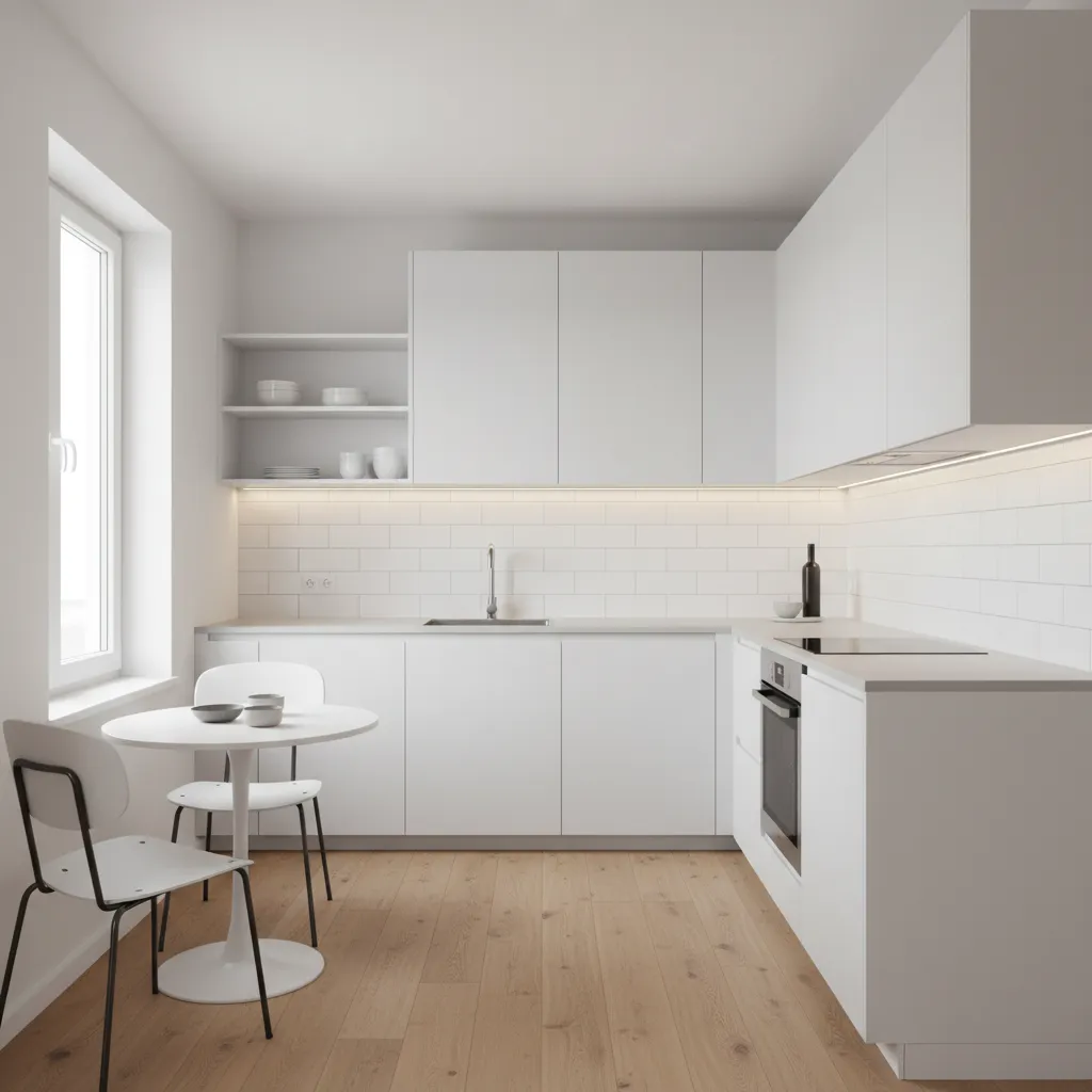 Modern white kitchen with tall white cabinets, white wall tiles, wooden floor, dining table, chairs