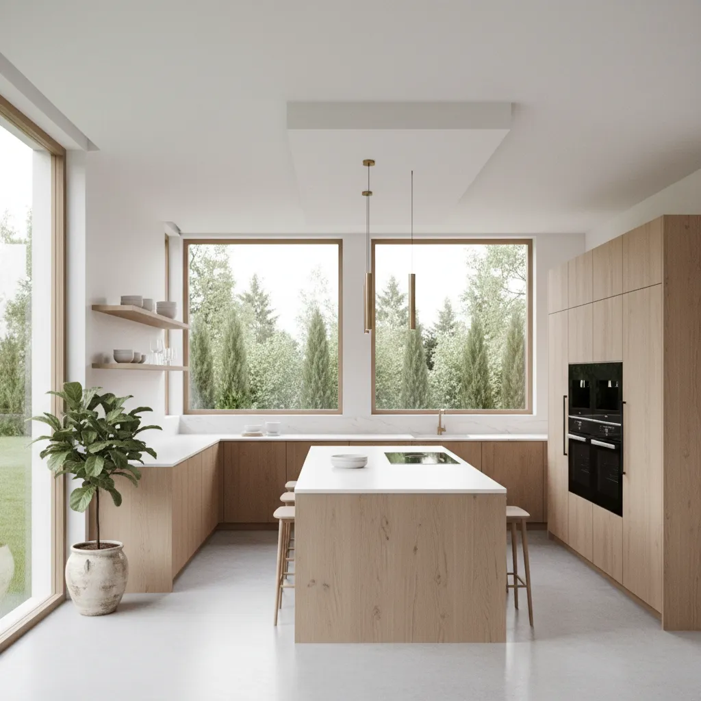 Modern kitchen with wooden cabinets white island two ceiling lights and large windows showing trees