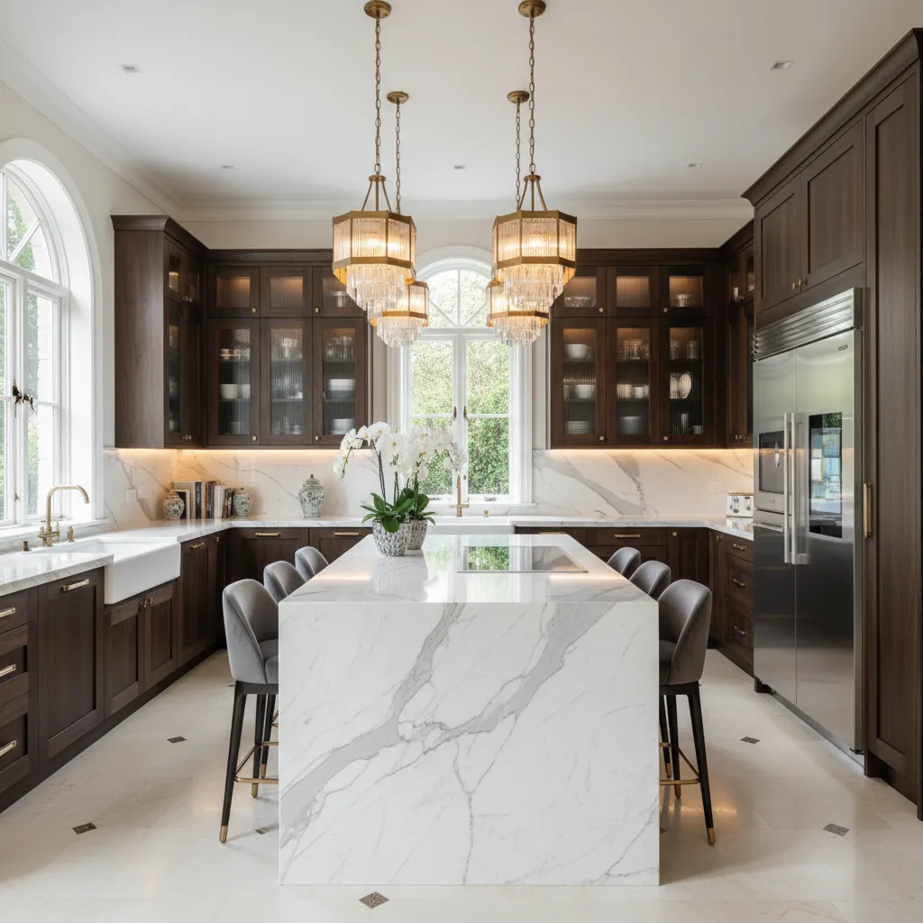 Dapur rumah mewah dengan island besar dan material marmer
