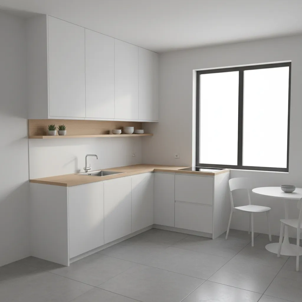 Dapur kecil dengan layout L pada rumah minimalis