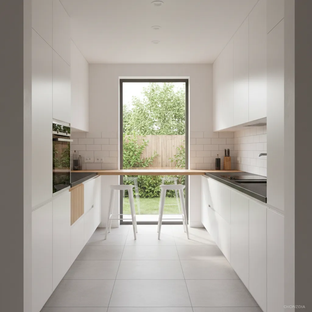 Dapur minimalis memanjang di rumah kecil
