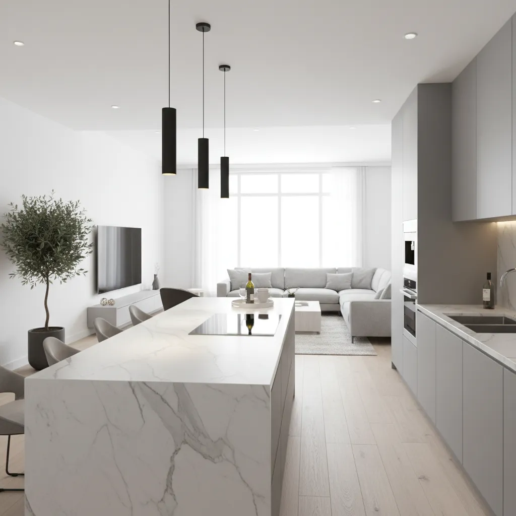 Modern open kitchen living room with marble island black ceiling lights grey sofa and plant
