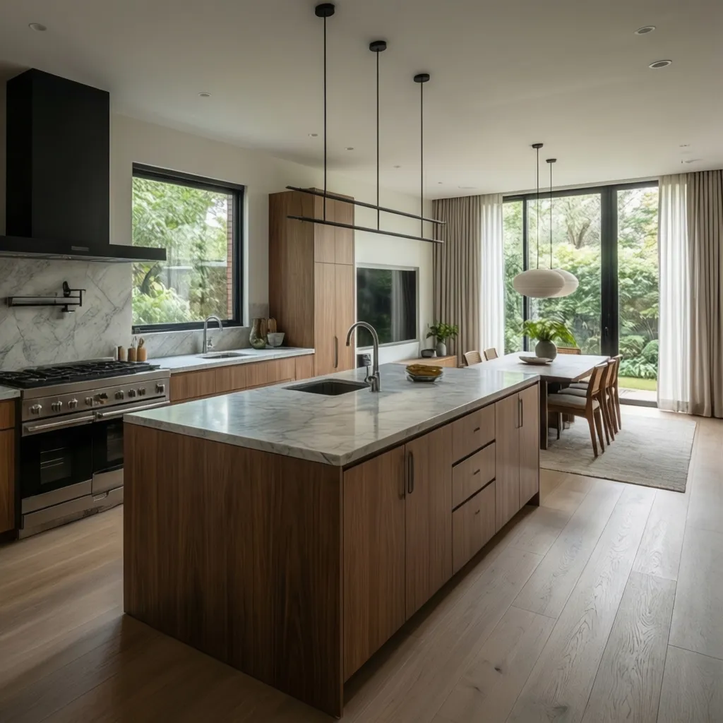 Modern kitchen with wood cabinets marble island ceiling light and dining table overlooking a garden