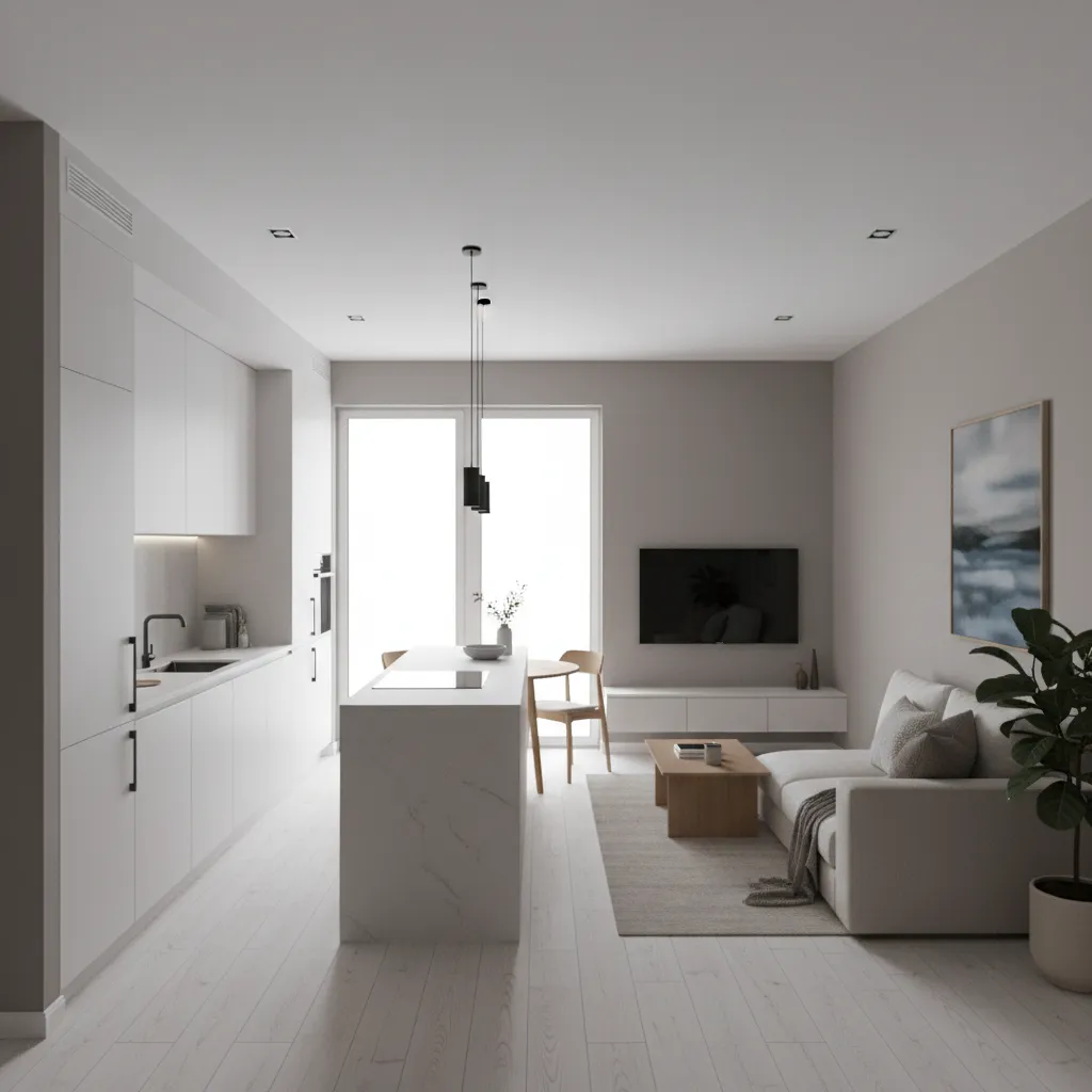 Modern white kitchen and living room layout with island, sofa, coffee table, plant, and window
