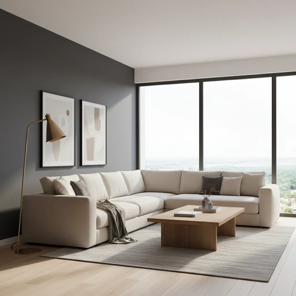 Living room with dark accent wall balanced by bright lighting and light furniture