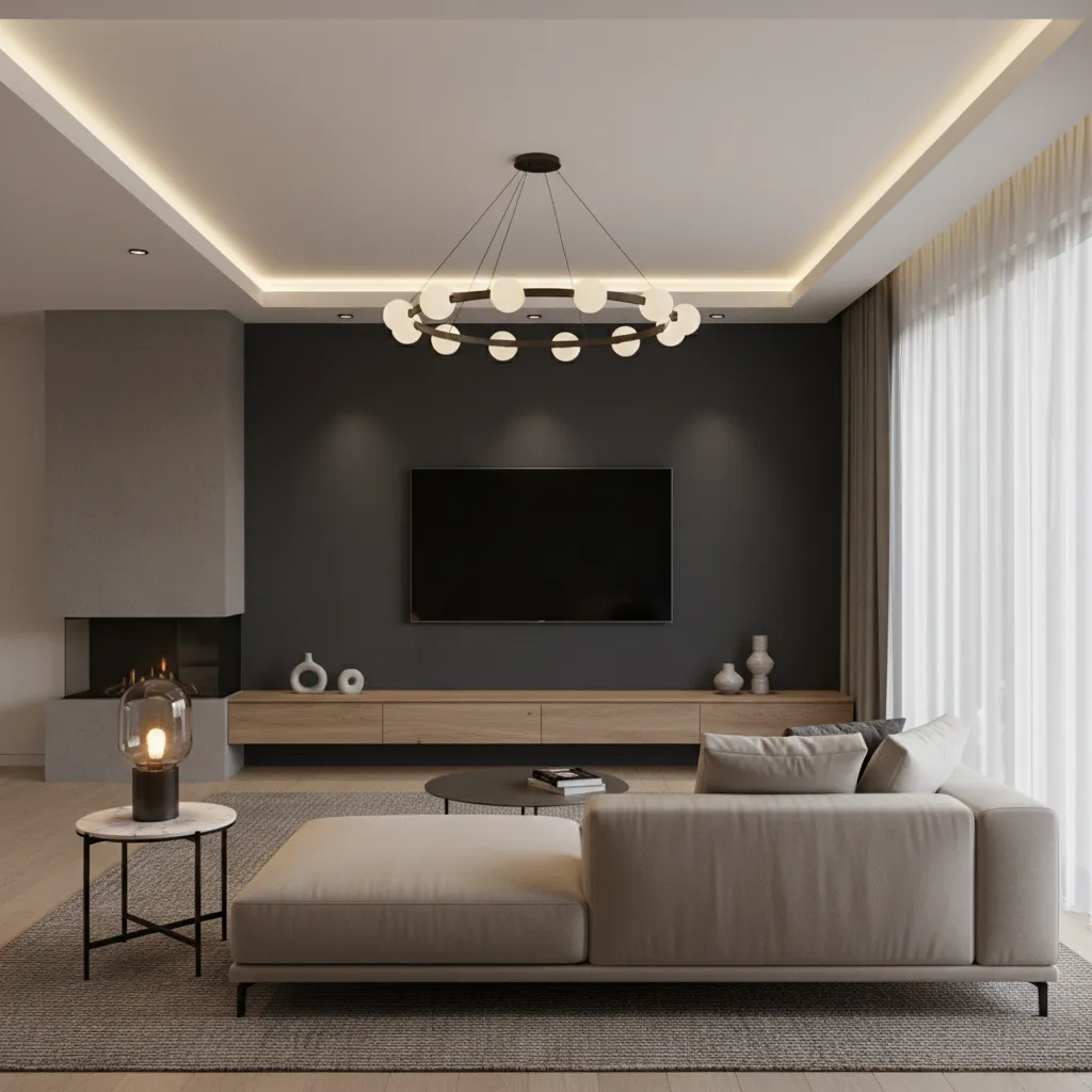 living room with dark accent wall and mounted television blending into decor