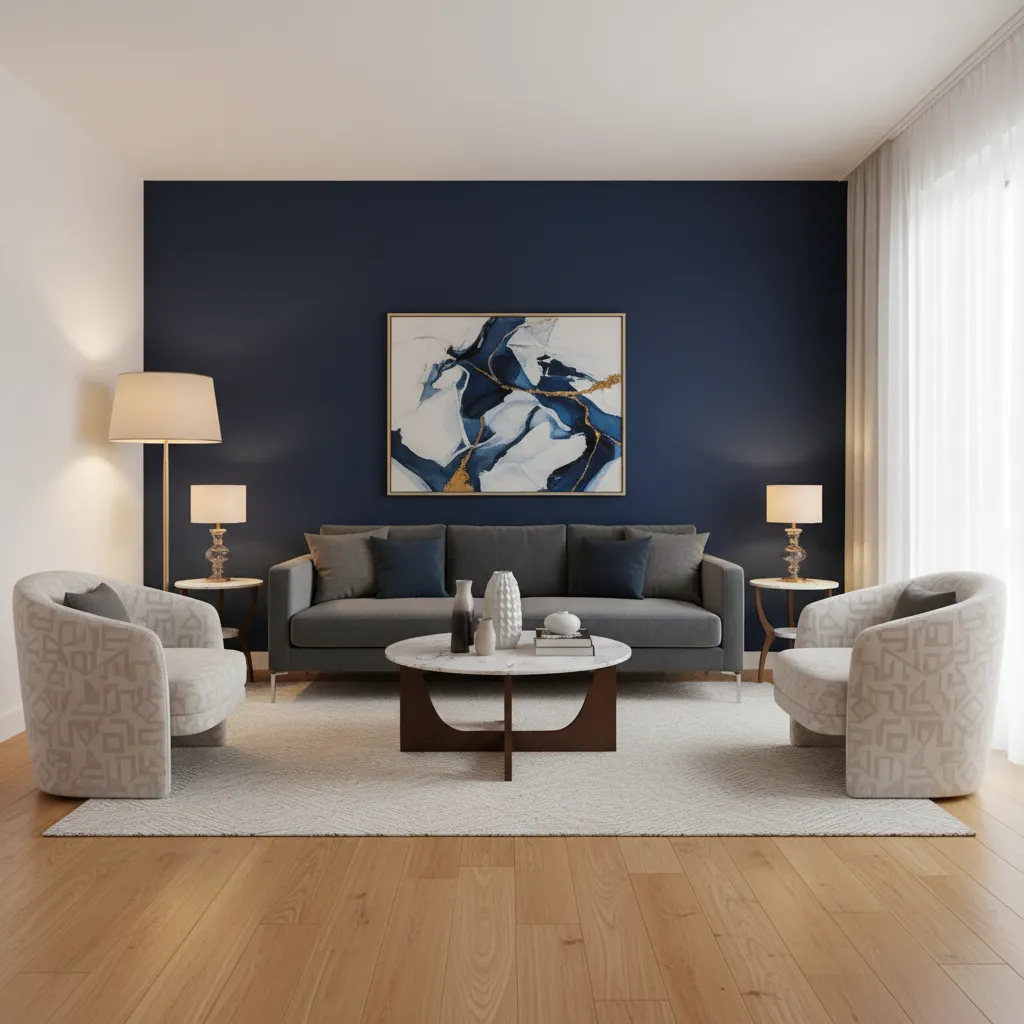 Modern living room with dark blue wall gray sofa marble coffee table and patterned armchairs