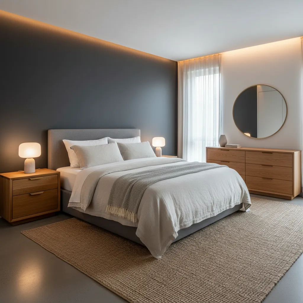 Modern bedroom with dark grey wall wooden bedside tables table lamps and large round mirror