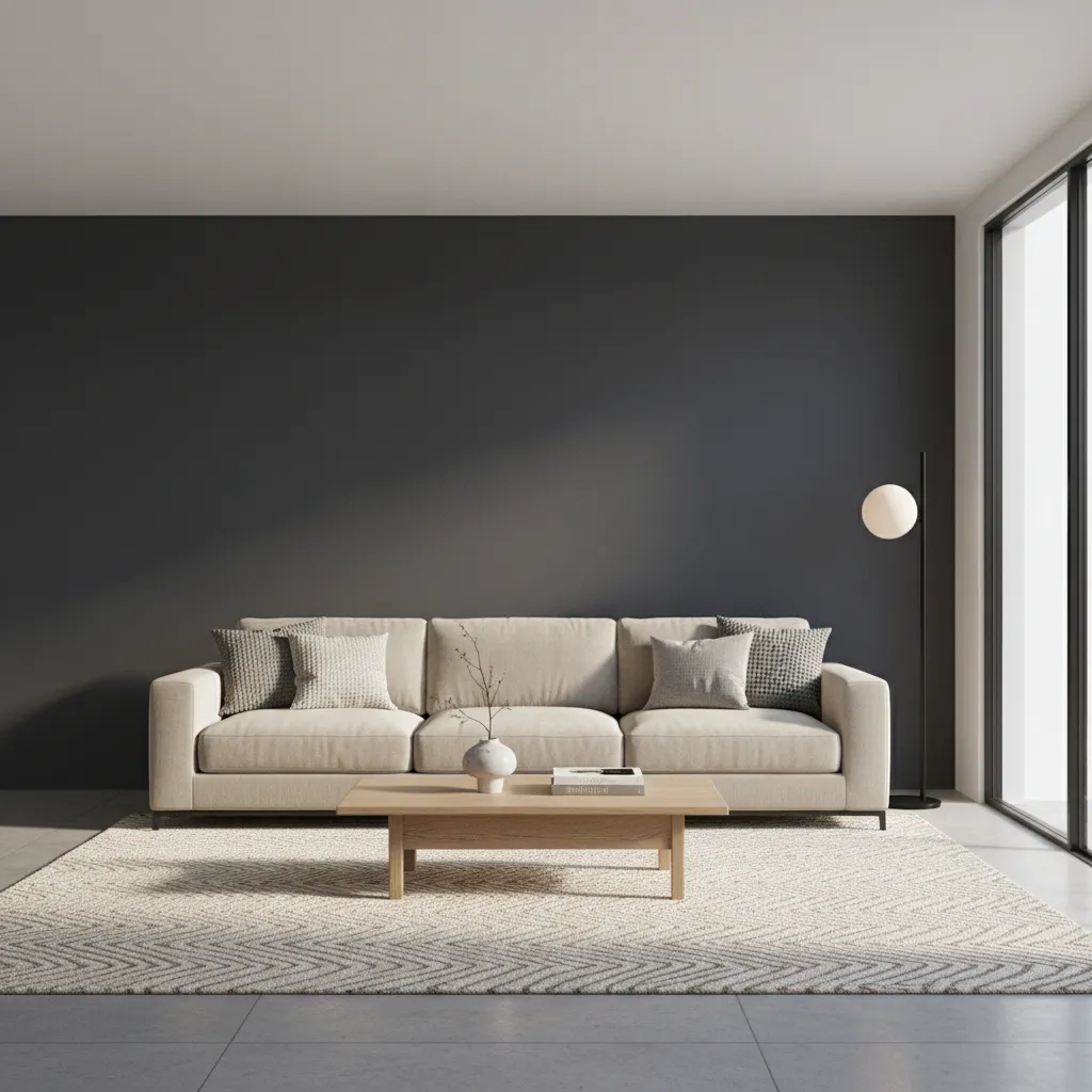 living room with dark painted wall behind light sofa showing modern contrast design