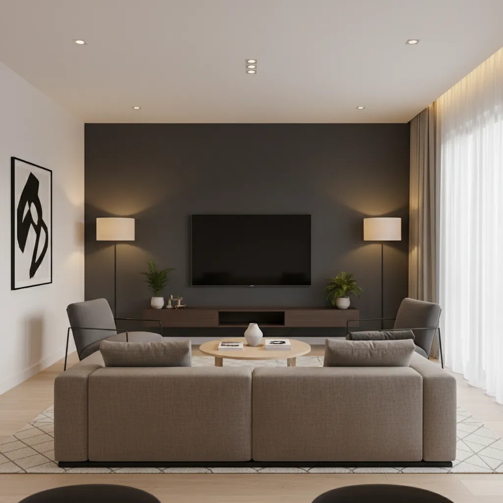 living room with deep gray accent wall and light surrounding walls