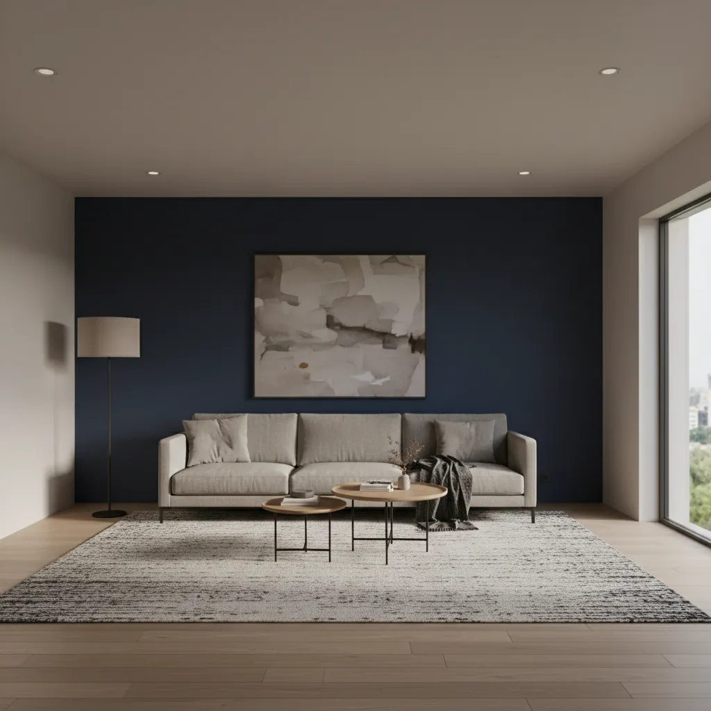 Living room with dark accent wall and light furniture showing contrast imbalance