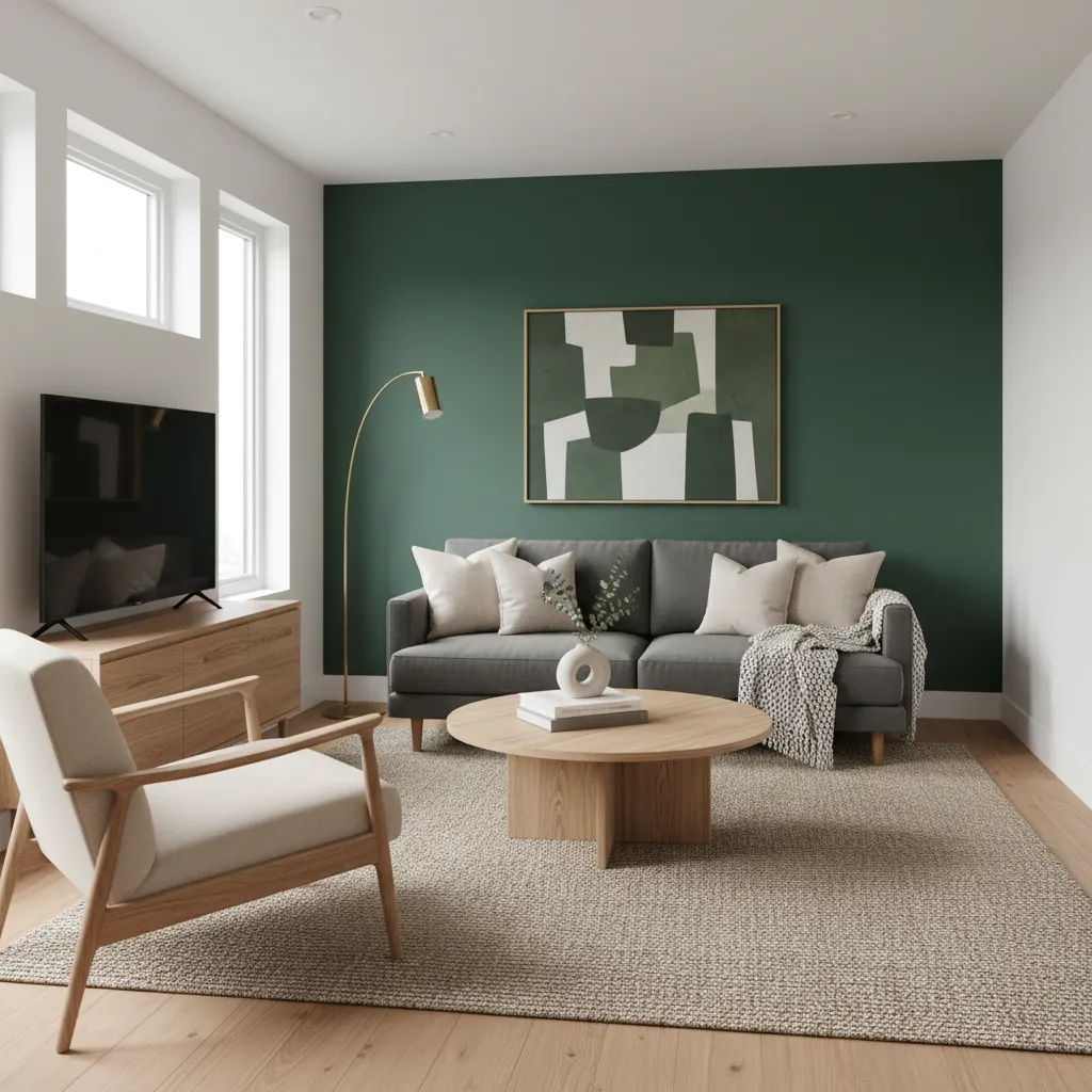 Small living room featuring a dark green accent wall behind a sofa