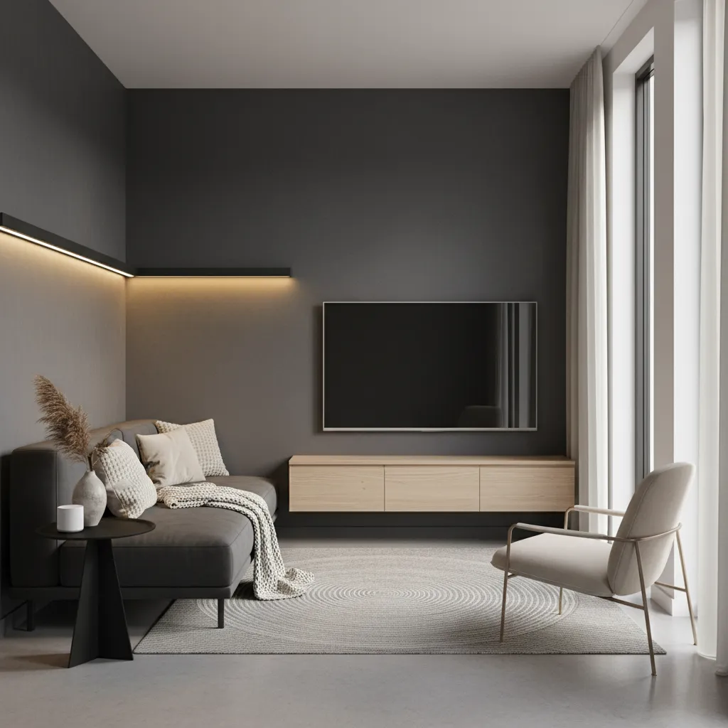 Modern living room with dark grey wall mounted TV wooden cabinet sofa rug and chair