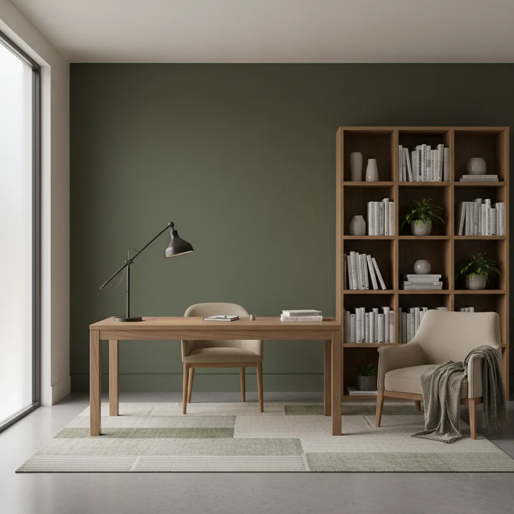 Study room with deep olive accent wall and desk setup
