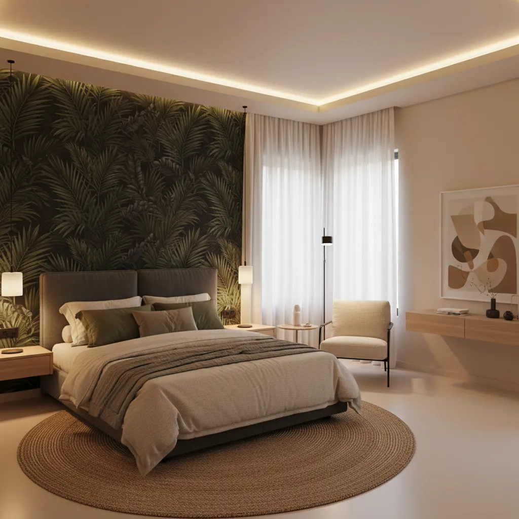 small bedroom with dark wallpaper accent wall behind bed