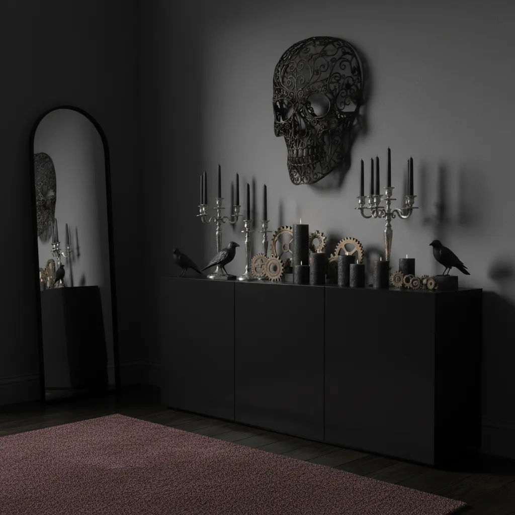 dark aesthetic interior styling with skull art and dramatic lighting