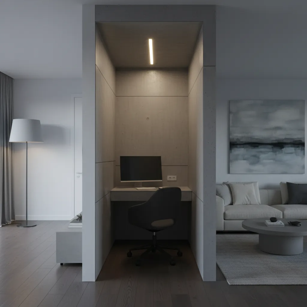 Poorly designed apartment den without windows showing limited lighting
